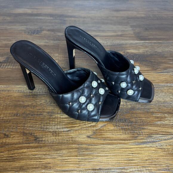 Karl Lagerfeld size 7 AMINA black open toe pearl studded quilted mule heel - Picture 12 of 13